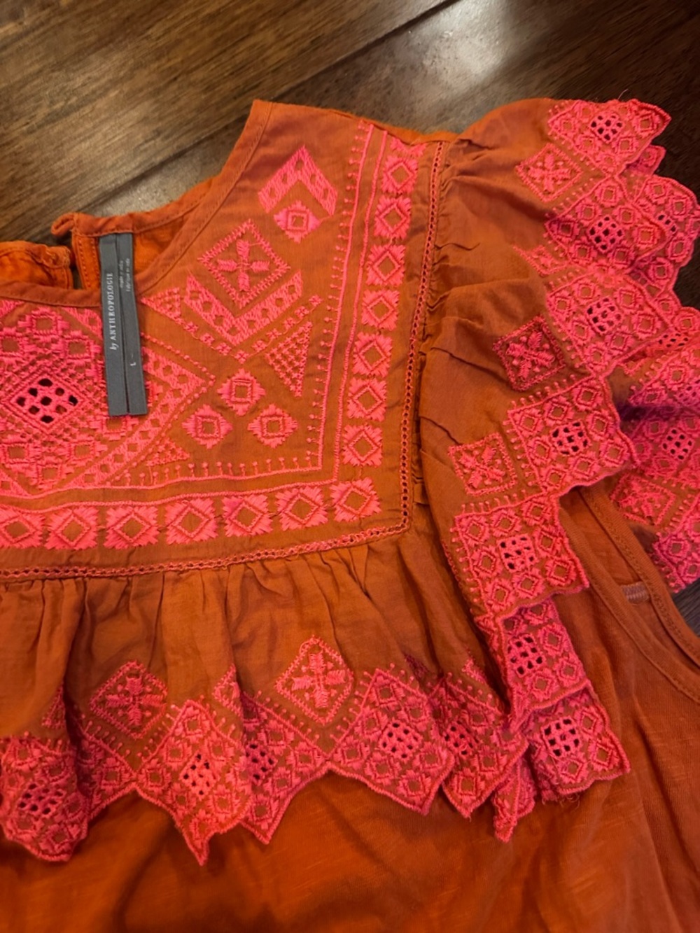 Anthropologie Orange and Coral Embroidered Ruffle Sleeveless Blouse - Picture 3 of 3